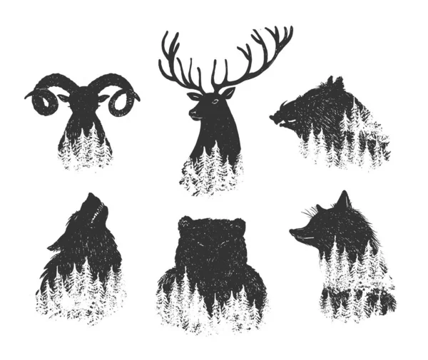 Conjunto de cabezas de animales forestales abstractos — Vector de stock