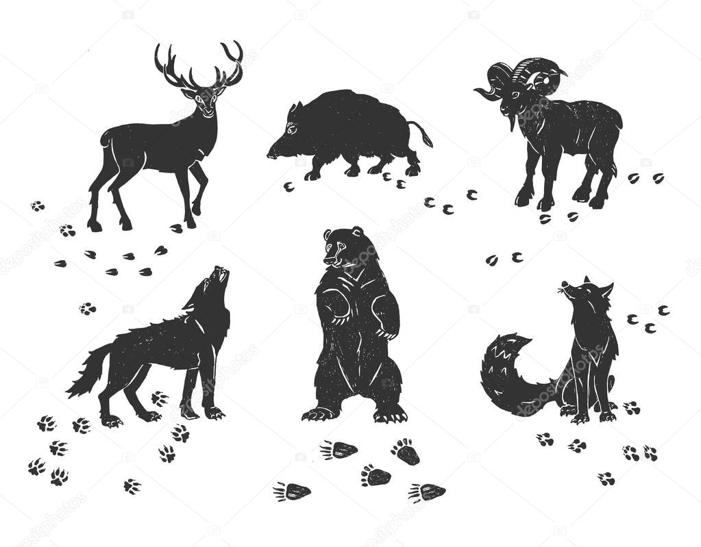 Forest animals icons and traces set