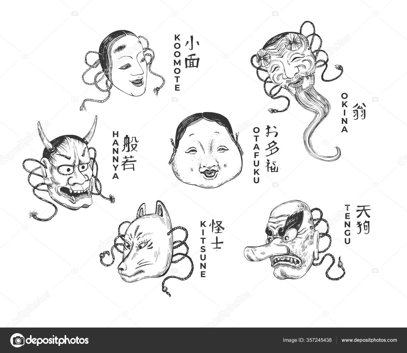 日本の伝統的な劇場用仮面セットのベクトルイラスト 手描きのヴィンテージスタイル ストックベクター C Istryistry