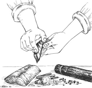 Suşi yapma sürecinin vektör çizimi. Şef erkek elleri doğu usulü leziz rulo yemekleri pişiriyor. Klasik el çizimi biçimi.