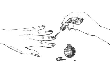 Manikür yapma sürecinin vektör çizimi. Kadın eli tırnak cilası sürüyor ve diş minesiyle şişeyi açıyor. Tırnaklar, süreci fırçayla kaplıyor. Klasik el çizimi biçimi.