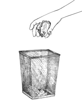 Çöp ikonunun vektör illüstrasyonu. İnsan eli buruşmuş kağıt parçasını çöp kutusuna atıyor. Geri dönüşüm ve çevresel sorumluluk. Klasik el çizimi biçimi.