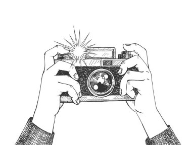 Fotoğraf çekme sürecinin vektör illüstrasyonu. İnsan eli klasik fotoğraf makinesini tutuyor. El feneri anı. Klasik el çizimi biçimi.