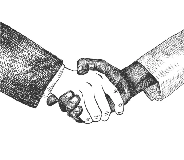 ビジネスパートナーシップのベクトルイラスト 淡い光と深い暗い肌のトーン男性の手の握手 成功した国際協定だ 手描きのヴィンテージスタイル — ストックベクタ