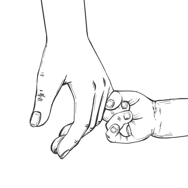 子供時代のケア 子育て 家族のベクトルイラスト パパの指を握ってる子供の手 幸せな父の日 手描きのヴィンテージスタイル — ストックベクタ
