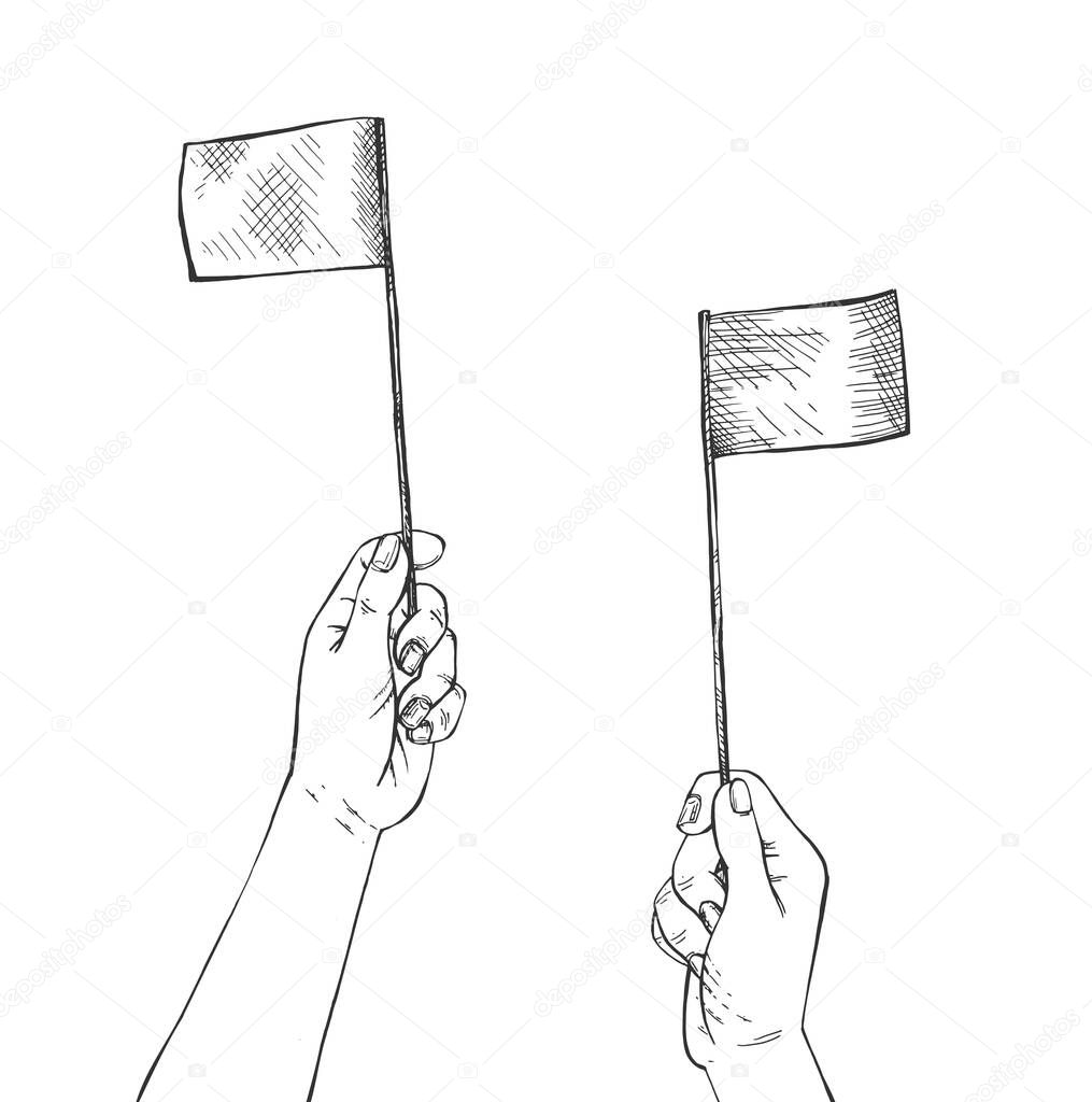 Vector illustration of aircraft marshalling signal. Human hands holding two small flags making sign like airport worker to plane. Vintage hand-drawn style.