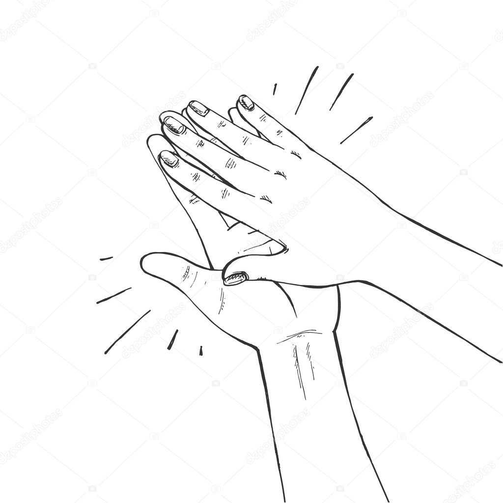 Vector illustration of clapping acclaim sign. Hands doing applause gesture. Applaud expression symbol. Vintage hand-drawn style.