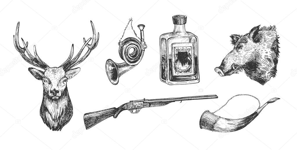 Vector illustration of hunting objects set. Hunters house elements. Deer and boar head, hunt and drinking horn, strong alcohol drink bottle, gun. Vintage hand drawn style.
