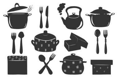 Mutfak aletleri ve sofra takımının vektör çizimi. Tencere, tava, çaydanlık, kaşık, çatal, bıçak, kutu. Klasik el çizimi biçimi.