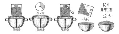 Hızlı pişirme sürecinde pirincin vektör çizimi. İçine su koy, kaynat, dışarı çıkar, sahne yemeği hazırlama servisinde çalış. Klasik el çizimi biçimi.