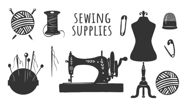 Vector illustration of sewing supplies tools and instruments icons set. Mannequin, machine, pins and needles, thread bobbin and knitting yarn ball, thimble. Vintage hand drawn style.