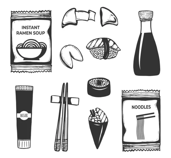 Vector Illustration Japanese Korean Chinese Asian Oriental Food Icons Set — Stock Vector