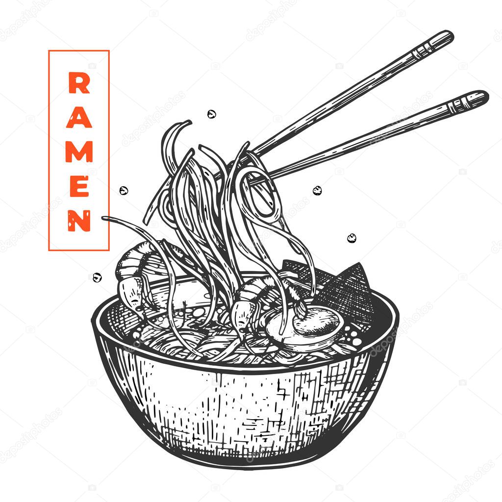 Vector illustration of Ramen Korean Japanese oriental noodle soup dish. Bowl with chopsticks. Vintage hand drawn style.