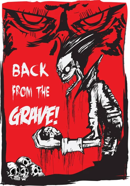 Poster Zombie Indietro dalla tomba, grunge disegnato a mano, illustrazione a fumetti — Vettoriale Stock