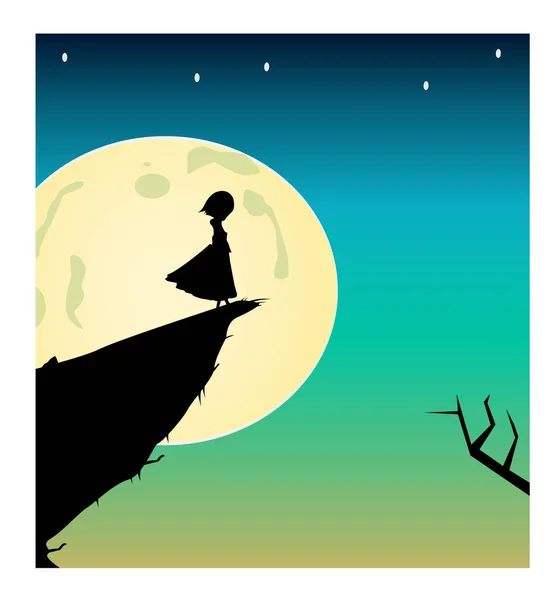 Vector silhouette of girl in front of a moon — Stock Vector