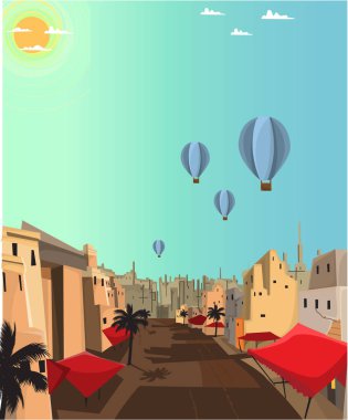 Arapça şehir peyzaj üzerinde uçan balon
