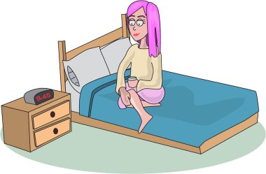 Uyku için hazırlanıyor bir kadın karikatür çizimi