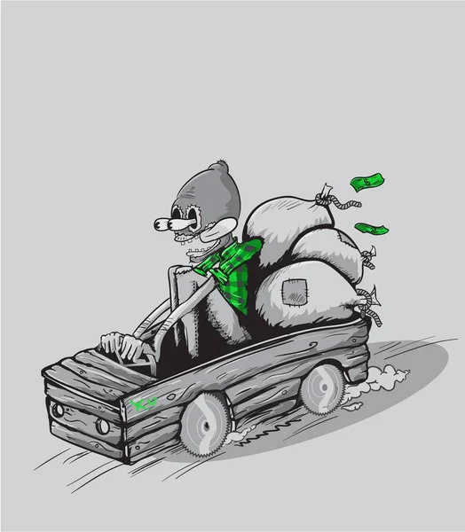 Cavalier drôle dans un véhicule en bois avec des sacs d'argent dans le dos — Image vectorielle