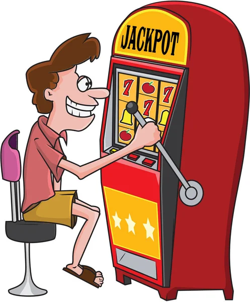 Comic man playing on slot machine — Stock Vector