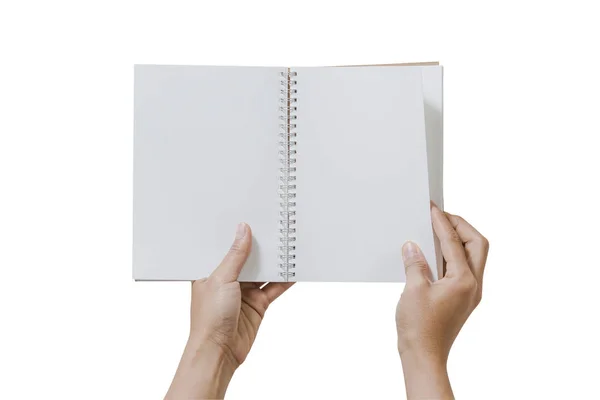 Εσωτερικη δύο χέρι που κρατά το βιβλίο κενό λευκό Σημείωση σε λευκό φόντο — Φωτογραφία Αρχείου