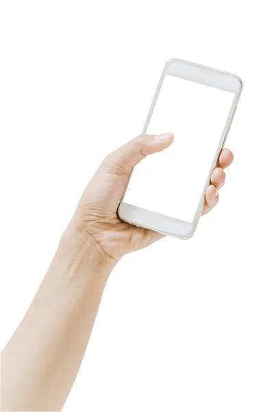 Fechar a mão segurando telefone celular isolado no fundo branco , — Fotografia de Stock