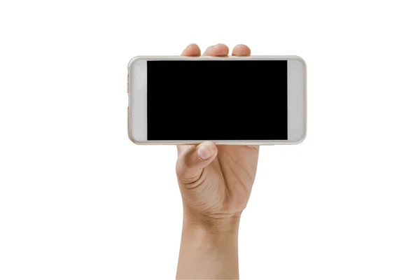 Fechar a mão segurando telefone celular isolado no fundo branco — Fotografia de Stock