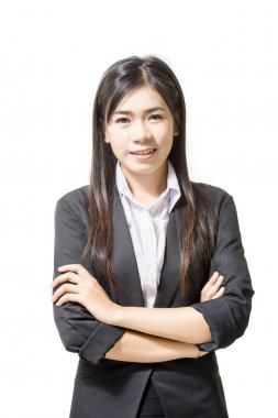 Asya genç iş kadınları gülümseyen portresi. Beyaz bir arka plan üzerinde izole.