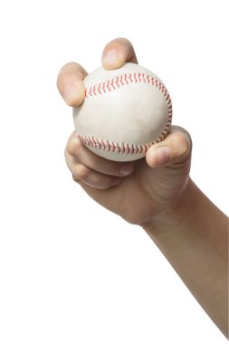 Bir beyzbol beyaz arka plan üzerinde tutan el kadar kapatın. 
