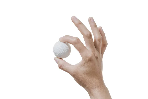 Cerca de mano sosteniendo pelota de golf sobre fondo blanco . — Foto de Stock