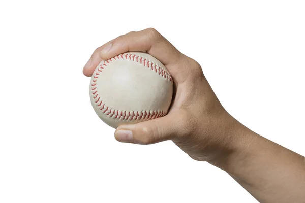 Mão segurando uma bola de beisebol no fundo branco . — Fotografia de Stock