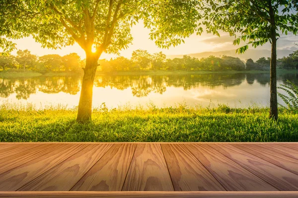 Brown wooden floor with Trees near lake and green grass where light shines — Stock Photo, Image