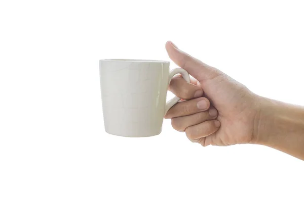 女性が手に持って白背景に分離された白いコーヒー カップ — ストック写真