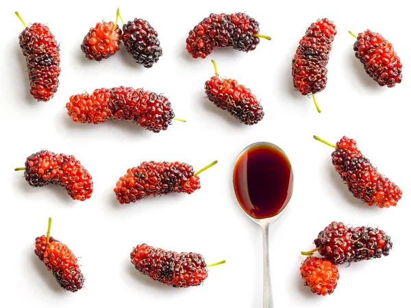 Mulberry Fruit Mulberry Juice Spoon Isolated White Background — Stock Photo, Image