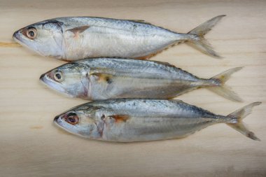 Taze uskumru balığı ahşap arka plan, deniz ürünleri piyasa üzerinde kapatın