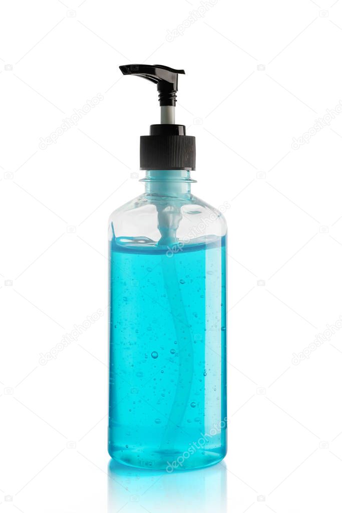 Bottle of hand sanitizer blue gel isolated on white background, concept prevent disease COVID-19, File contains a clipping path