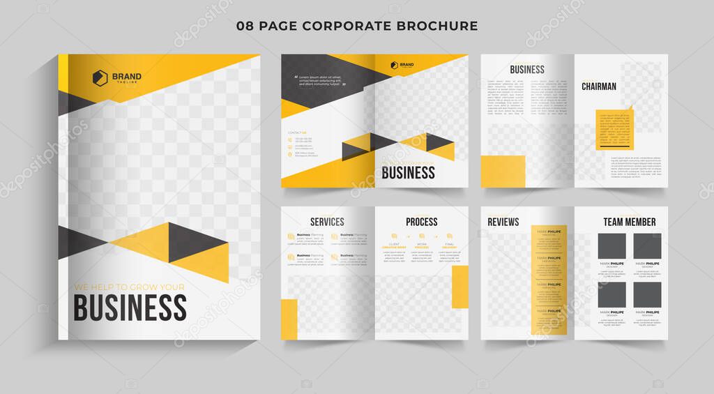 Business brochure design template design, flyer report leaflets cover brochure pamphlet annual, 08 page brochure, a4 print layout with blue color vector illustration