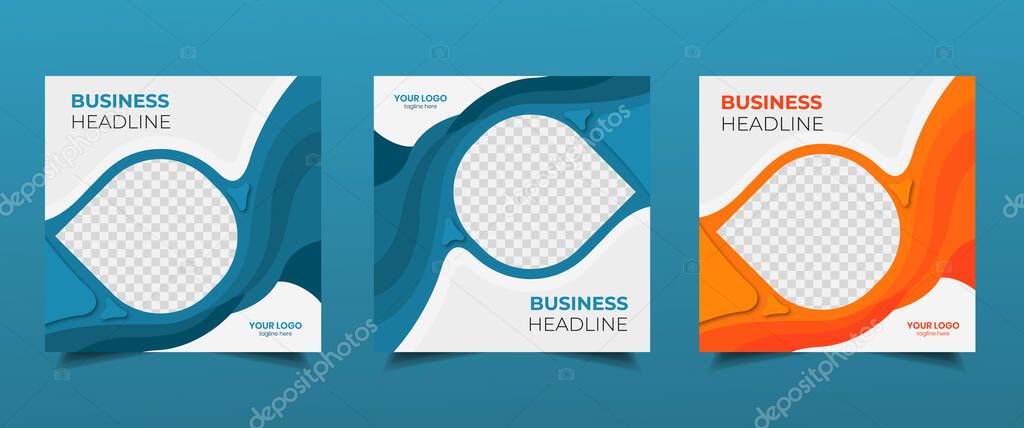 Social media web banner design, abstract shape advertising design templates with photo, social media post design with blue green orange layout