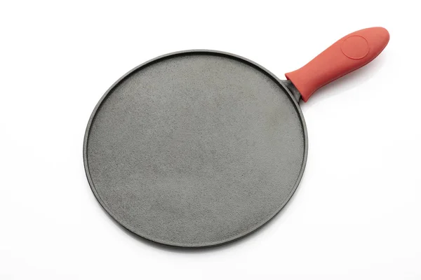 Top View Seasoned Cast Iron Pan Fehér Háttér Piros Szilikon — Stock Fotó