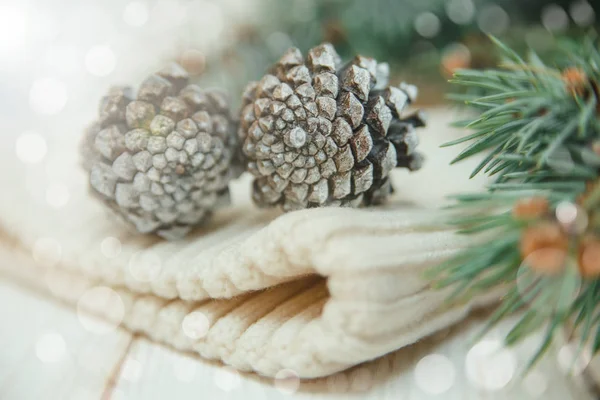 Composizione invernale con rami di abete e coni sul cappello lavorato a maglia bianco — Foto Stock