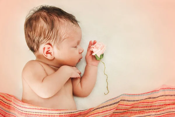 A menina recém-nascida bonito com pequeno, mão tocante e rosa . — Fotografia de Stock