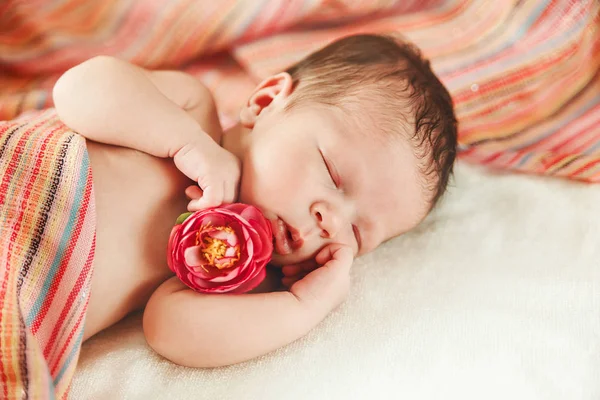 De schattige slapende pasgeboren babymeisje met rode bloem in de Hand aanraken van kleine. — Stockfoto