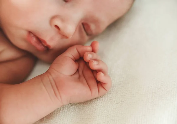 The Part of Face of Newborn Baby with Small Touching Hand.