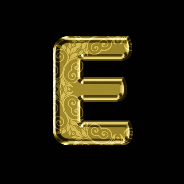 Golden letter E with floral ornament.Isolated on black. — Stock Photo, Image