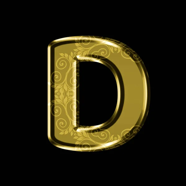 Gouden letter D met florale sieraad. Geïsoleerd op zwart. — Stockfoto