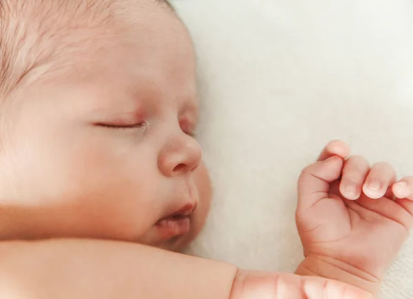 A parte do bebê recém-nascido de rosto macio com mão tocante pequena . — Fotografia de Stock