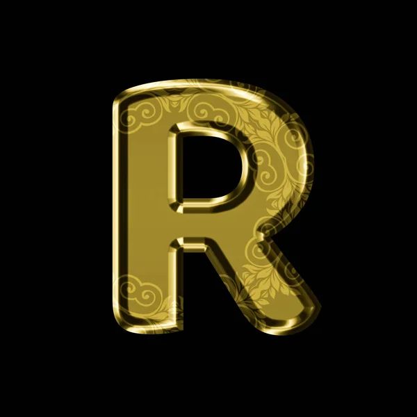 Zlatý písmeno R s florálním ornamentem. Izolované na černé. — Stock fotografie