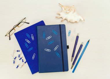 Mavi not defterleri, klipler, kalem, kabuk ve gözlük ile yer iş. İş kavramı. Üstten Görünüm.