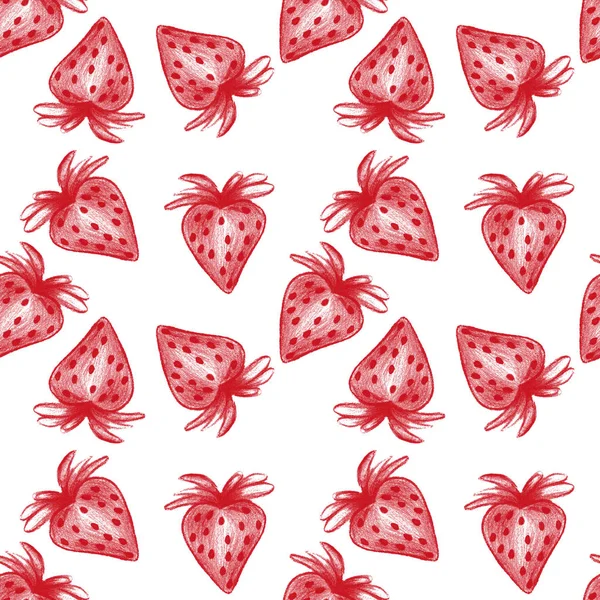 Hand drawn red strawberry.Pencil style.Seamless texture.White background — Stock Photo, Image