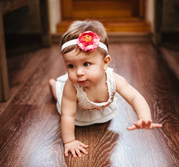 小可爱女婴用绷带花爬在地板上. — 图库照片