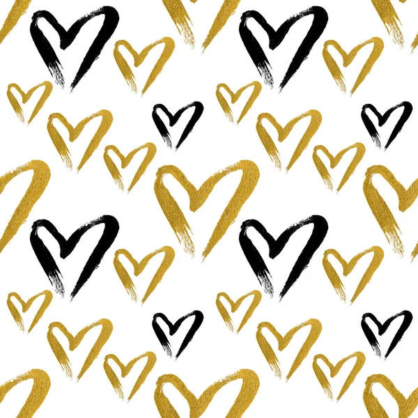 hand drawn painted heart seamless pattern.ink illustration.texture for Valentine\'s day.black and gold.